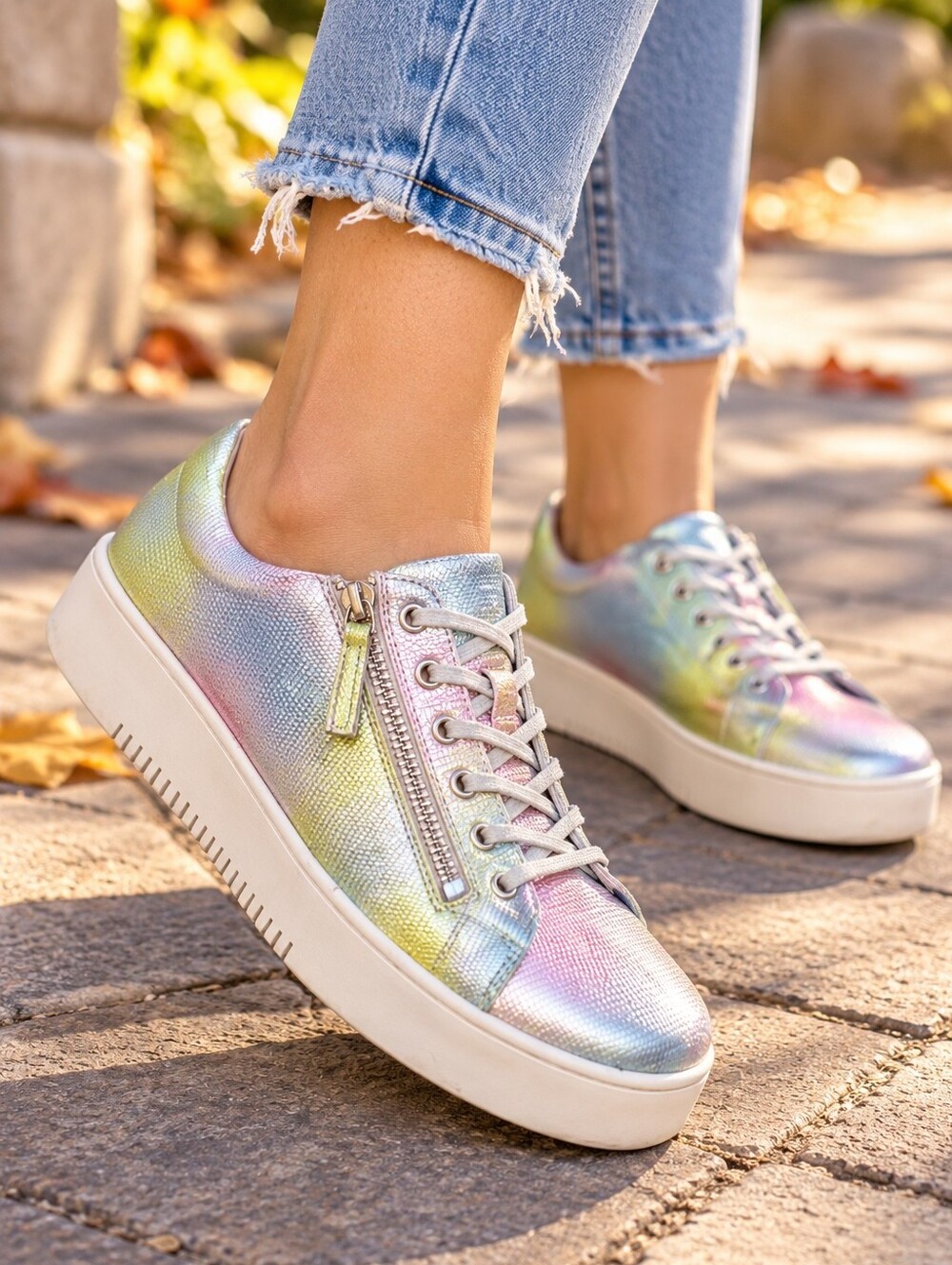 Django & Juliette Iridescent Rainbow Platform Sneakers Lace Up Zip Casual Shoes
